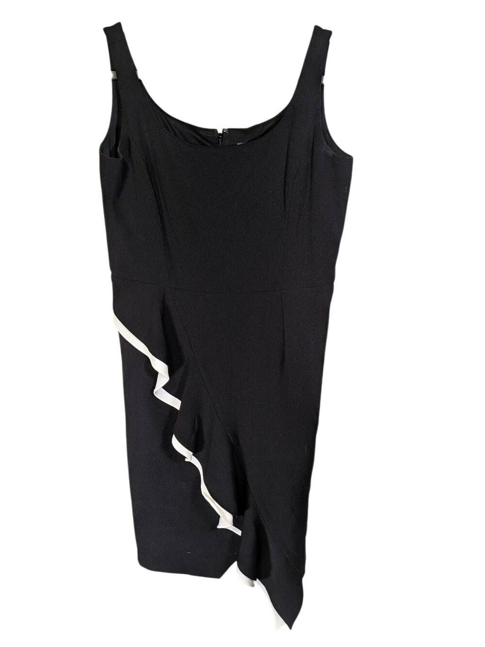 Maggy London Black Sleeveless Dress Asymmetrical White-trimmed Ruffle Down Side